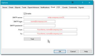 The Email settings configuration screen, which is part of the Options dialog.